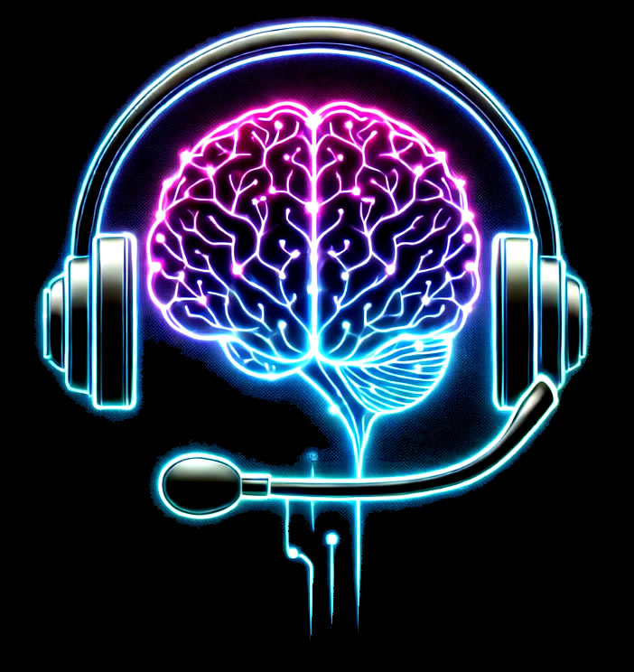 Cérebro em neon usando fone de ouvido